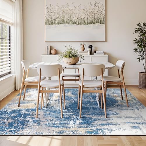 5x7 Rugs for Living Room - Modern Abstract Washable Rug, Ultra Soft Non Slip Low Pile Large Rugs, Floor Carpet for Bedroom Dining Room Office Laundry Nursery Home(Blue & Beige) - Image 4