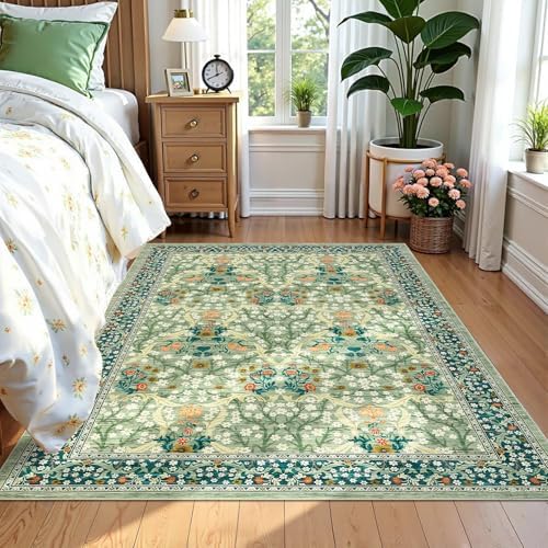 GarveeHome Floral 3x5 Area Rugs for Entryway, Washable Kitchen Rug Non Slip, Low Pile Bedroom Rug, Ultra Soft Stain Resistant Small Carpet for Laundry Room, Sage Green - Image 3