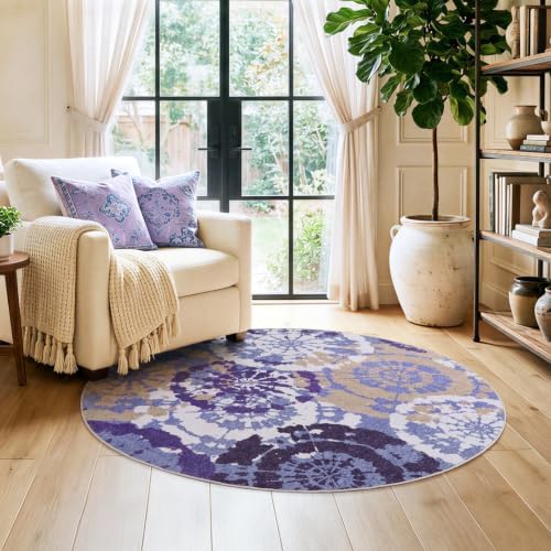 Round Area Rugs 4ft, Washable Non-Slip Modern Boho Low Pile Circle Rug by Quntue
