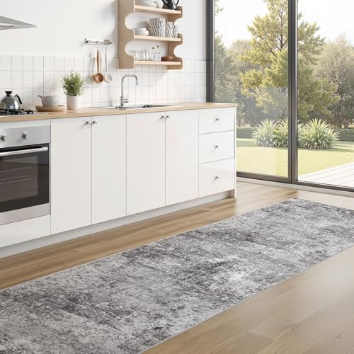 DMOYEST Washable Runner Rug for Hallway: 2.6x10 Neutral Modern Abstract Low Pile Area Rug with Non-Slip Backing - Carpet for Bedroom Kitchen Laundry Entryway Bathroom Indoor - Grey - Image 6