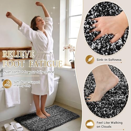 Yimobra Black and White Bathroom Rugs Non Slip Washable, Ultra Soft and Water Absorbent Bath Mats, Plush Fluffy Shower Mat Outside, Microfiber Thick Matts for Bathroom Floor/Sink, 24x17 - Image 2