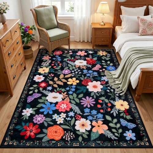 PLHXFR Area Rug Living Room: 3x5 Floral Washable Boho Soft Carpet Black - Image 2