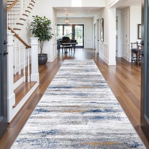 4x14 Extra Long Runner Rug: Straight Narrow Linear Hallway Carpet - Non Slip Washable Rugs for Long Entryway Kitchen Walkway Villa Corridor Decor Navy Grey - Image 2