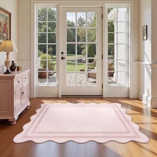 Washable 3x5 Indoor Entryway Rug, Solid Pink Non Slip Rugs for Bedroom Girls, Stain Resistant Scalloped Soft Carpet for Nursery Dorm Kitchen - Image 3