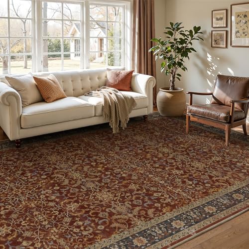 Old Money Aesthetic 6x9 Area Rugs, Low Pile Washable Rugs for Living Room Bedroom Non Slip, Vinatge Maximalist Print Carpet Rug for Dining Room Home Office, Deep Burnt Orange by Jainmy