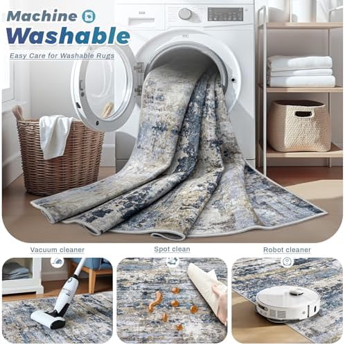 pmtsns Area Rugs 2x8 Runner Rug: Washable Hallway Rug Modern Abstract Neutral Soft Non-Slip Low-Pile Indoor Carpet for Kitchen Bedside Entrance Laundry (Blue Grey Brown, 2'x8') - Image 3