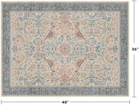Traditional Washable 3x4 Entryway Rug, Mudroom Indoor Entrance Door Mat, Non-Slip Kitchen Floor Rug with Rubber Backing, Stain and Fade Resistant, Oriental Bird Pattern & Red Blue Floral Design - Image 2