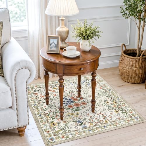 3x3 Square Entry Rug Foyer Entryway: Non-Slip Floral Washable Rugs for Indoor Floor Living Room Kitchen Bedroom - Soft Thin Doormat Carpet Boho Vintage Home Decor (3ft Square, Beige) - Image 3