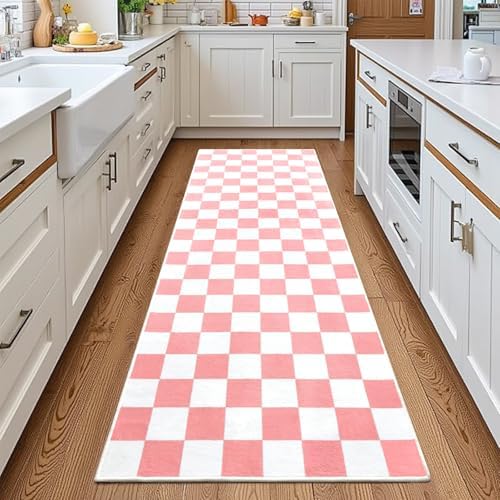 Terrug Pink and White Checkered Area Rug for Kitchen, 2x6 Runner Rugs by TerrugHomeDecor