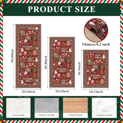Christmas Kitchen Rugs Sets of 3: Non-Slip Washable Kitchen Mat Holiday Runner Rug for Sink,Entryway,Hallway - Soft Low Pile Carpet Runner for Housewarming(Christmas Red,2x3+2x4+2x5) - Image 2