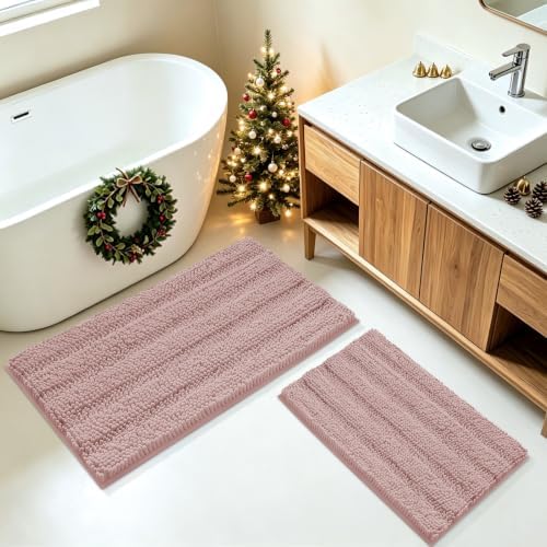 ACCUMTEK Striped Dusty Pink Bathroom Rug Mat Set 2 piece 32"x20"+24"x17" Ultra Soft, Non Slip Chenille Bath Rugs, Absorbent Plush Shaggy Bath Mats for Bathroom, Bedroom, Kitchen, Shower, Tub by ACCUMTEK