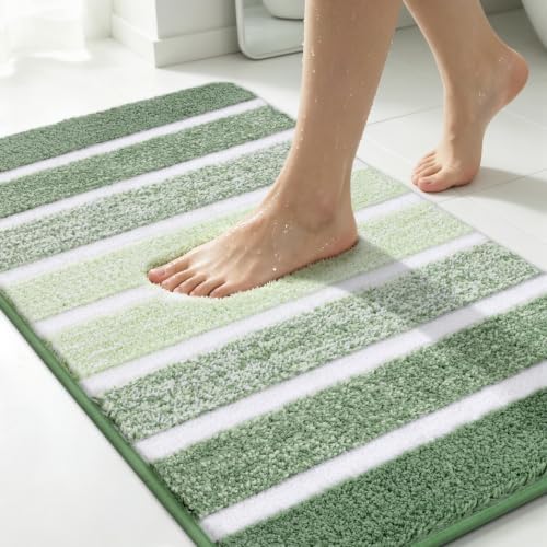 Yamaziot Sage Green Bathroom Rugs 20" x 32" Washable Non Slip Striped Mat by Yamaziot