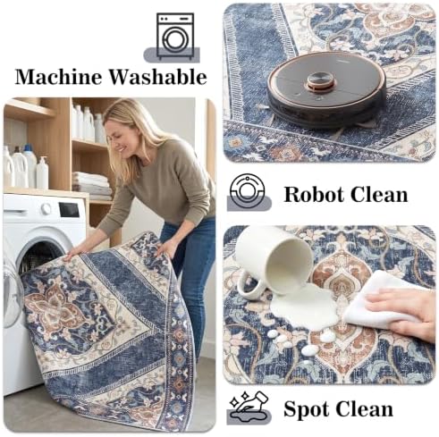 5x7Ft Boho Washable Area Rugs for Living Room, Blue/Multi Thin Bedroom Rugs Non Slip, Moroccan Soft Kids Nusery Area Floor Carpets for Dining Room Playroom Kitchen Home Office Decor - Image 5