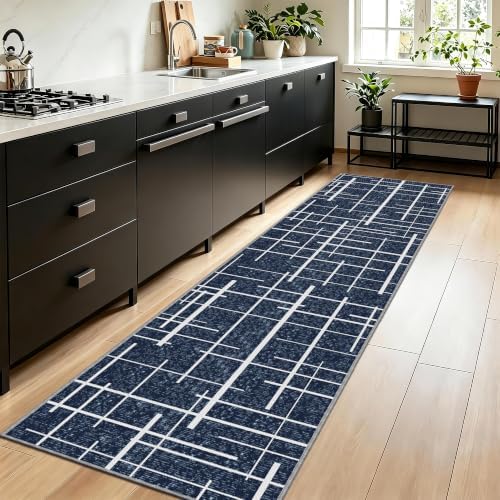 Non Slip Hallway Runner Rug 2x10, Blue Modern Distressed Stripe, Washable Long Rug, Woven Thin Low Pile Carpet Runners for Hallway 10ft Entryway, Kitchen, Walkway- Blue by TTelephant