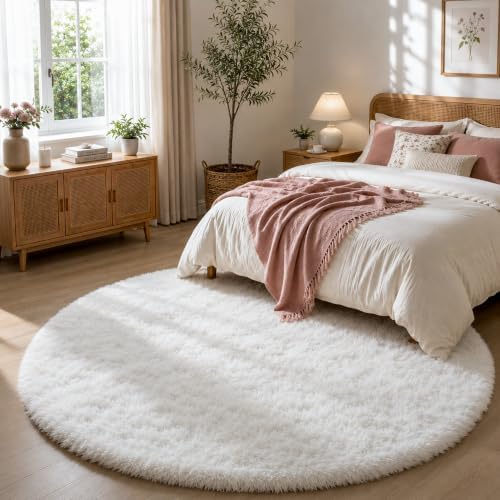 Cream White Fluffy Round Rug 6ft, Soft Washable for Nursery - Image 2