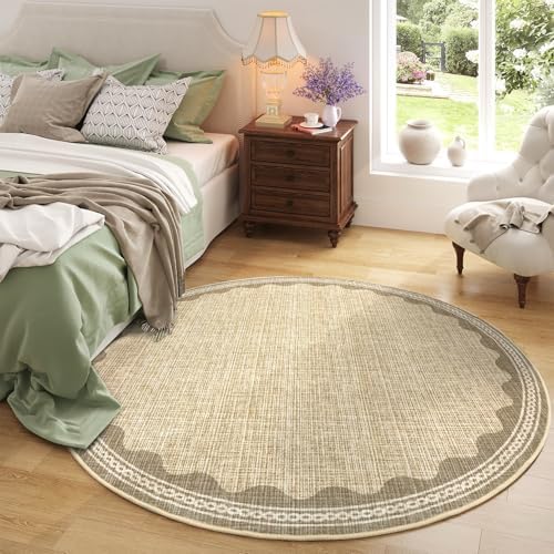 GarveeHome Scalloped Jute Print 4 ft Round Rug Washable Non-Slip Soft Ultra-Thin Small Circle Modern Cottage Core Solid Tan Carpet for Entryway Kitchen Bedroom Nursery Dining Room Tan - Image 3