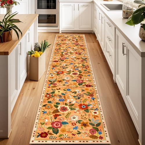 Floral Washable 2x6 Area Rugs Runner Entryway Hallway Orange/Yellow/Red - Image 5
