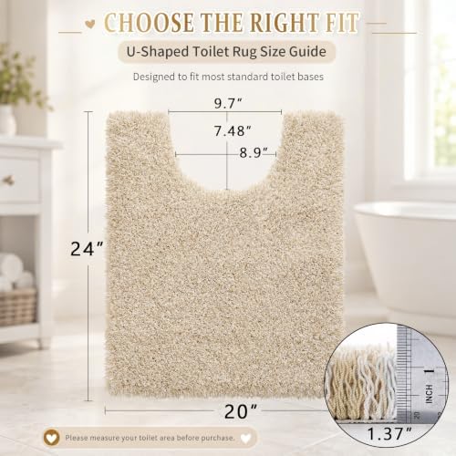 Yimobra Toilet Rugs U Shaped 24X20, Ultra Soft and Water Absorbent Bath Mats, Non Slip Fluffy Luxury Microfiber Contour Bath Rugs for Toilet, Dry Quick, Machine Washable, Light Beige and White - Image 2