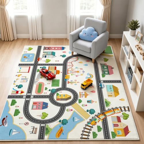 Car Rug Play Mat for Kids, Non Slip Train Track Car Rug Town City Road Map Playmat for Children, Washable Carpet for Boy Playroom Bedroom - 3x5 Ft - Image 5