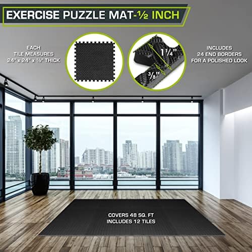 ProsourceFit Exercise Puzzle Mat ½-inch, EVA Interlocking Foam Floor Tiles for Home Gym, Workout Equipment, Kids Play Areas, Black, 48 SQ FT - 12 Tiles - Image 2