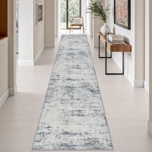 2.6x14 Washable Runner Rug:Modern Abstract Soft Carpet Blue Grey by FXRHLP