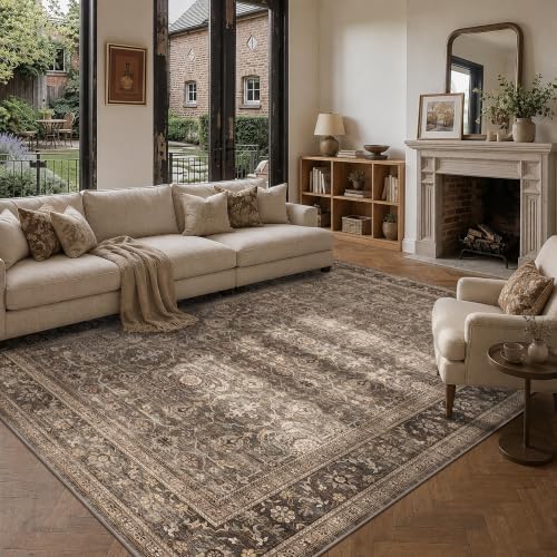JOOJA 5x8 Dark Brown Vintage Washable Area Rug, Low Pile Living Room Rug - Image 2