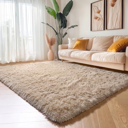 Amdrebio Beige Boho Fluffy Area Rug 5x8 for Living Room Bedroom Nursery - Image 5