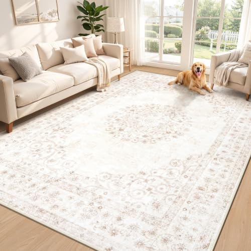 Area Rug 6x9 Vintage Rug: Washable Indoor Medallion Rugs Low Pile Distressed Floor Carpet Retro Accent Rug for Living Room Bedroom Kitchen Dining Table Home Office(Distressed Beige, 6'x9') by ZomfyRugs