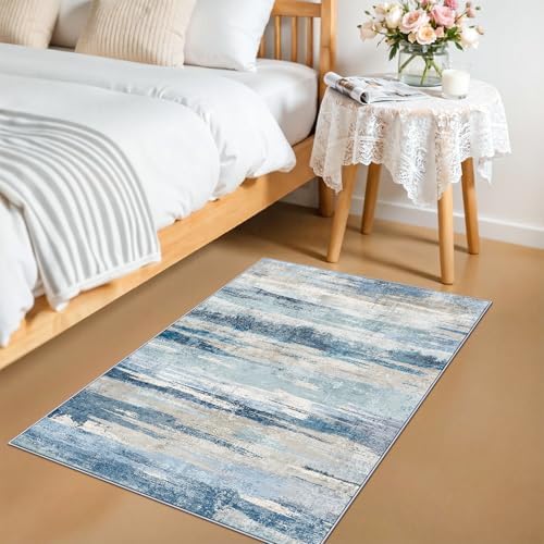 Small Area Rug 2x3 Washable - Modern Abstract Entryway Rugs with Non Slip Backing Low Pile Carpet for Kitchen Living Room Bedroom Soft Indoor Accent Pattern Home Decor Floor Mat for Bathroom 2x3 Blue - Image 3