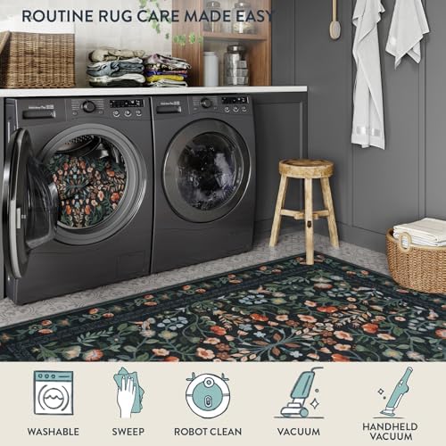 Lahome Black Floral Washable Area Rug 9x12, Extra Large Botanical Carpet - Image 5