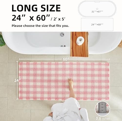 TYUU Waffle Runner Rug Bathroom, Long Cute Bath Mat, 60x24 Pink & White - Image 2