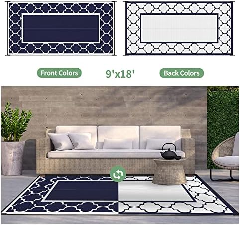 GENIMO Outdoor Rug, Waterproof Plastic Rugs 9'x18' for Camping Blue White - Image 4
