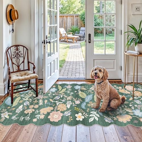 4x10 Washable Runner Rug for Hallway: Scalloped Floral Kitchen Rugs Green by BYYVOORugsforYourHome