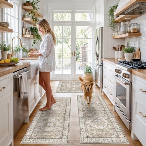 Washable Kitchen Rugs Sets of 3: Non-Slip Boho Kitchen Mats for Floor - Soft Low Pile Carpet Runner for Sink,Entryway,Bathroom Indoor Small Accent Rug Home Decor for Hallway (Beige/Brown,2x3+2x4+2x5) - Image 3