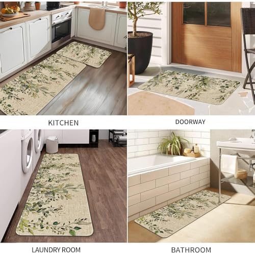Sage Green Eucalyptus Spring Kitchen Rugs Sets of 2 Non Slip Washable, Botanical Leaves Summer Spring Kitchen Mats for Floor 2 Piece Home Decor - Image 7