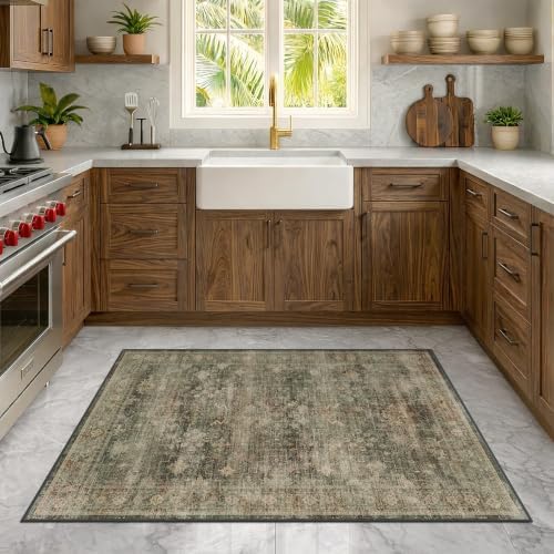 Vintage Moss Green 3x5 Area Rug for Entryway, Kitchen, Bedroom & Laundry Room, Dark Academia Distressed Geometric Carpet, Washable, Low Pile Anti-Slip Backing, Stain & Fade Resistant - Image 3