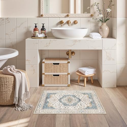 2x3 Washable Entryway Rug: Non-Slip Soft Small Indoor Area Rug for Bedroom Kitchen, Low Pile Stain-Resistant Durable Vintage Floral Carpet for Porch Laundry Kids Room Home Decor (Blue) - Image 5