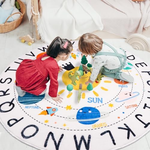 Round ABC Space Kids Rugs,4 ft Non-Slip Solar System Alphabet Rugs, Washable Rug, Soft Plush Educational Circle Rug for Classroom playroom Bedroom Kids Room Decor(for Age 2+) - Image 6