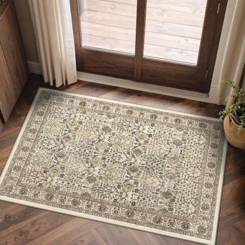 Bavni 2x3 Washable Rug, Non Slip Entryway Mat, Cream Brown by BAVNI