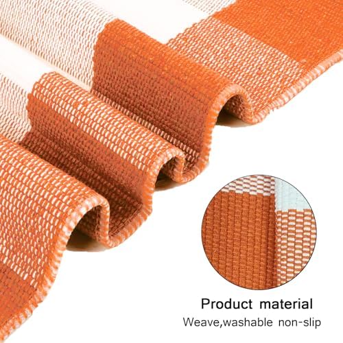Buffalo Plaid Area Rugs 27.5x43.3 Inches Orange and White Checkered Rug Washable Front Door Mat Outside Entrance Hand Woven Cotton Outdoor Rug for Front Porch Kitchen Entryway Patio Bathroom - Image 6