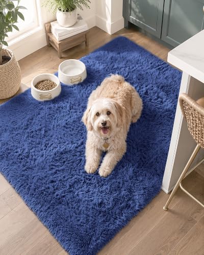 OLANLY 3x4 Machine Washable Accent Rug, Soft Fluffy Shaggy Area Rug for Bedroom, Living Room, Indoor Floor Carpet for Kids, Nursery, Home Decor, Navy Blue by OLANLY