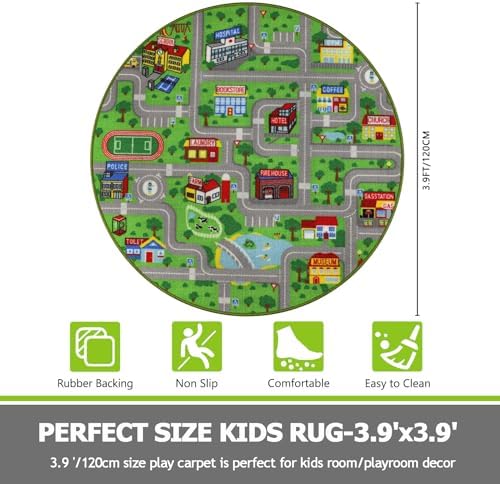 Capslpad Green Car Road Kid Rug Carpet Playmat for Playoom Traffic Road Kids Play Mat for Toddler Non Slip Washable City Map Race Track Carpet Rug for Kids Room Bedroom Nursery Room Decor,4'x4' - Image 2