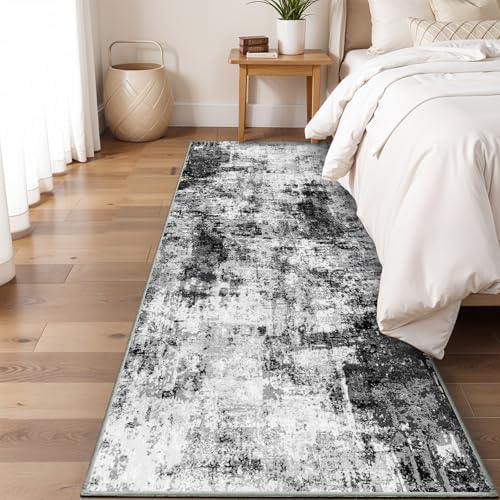 2x6 Washable Runner Rugs for Hallway: Easy-to-Clean Abstract Runners for Entryway Bedroom - Stain and Water Resistant Rugs with Non-Slip Backing - Soft Low-Pile Carpet Black Grey - Image 2