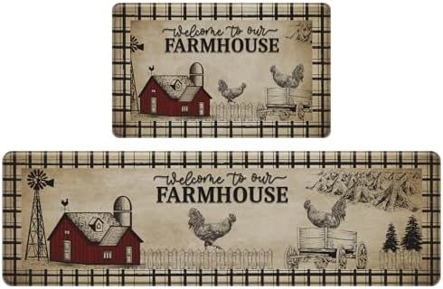 2PCS Farmhouse Kitchen Rugs,Retro Rooster Anti Fatigue Kitchen Mat by CHICNOOK