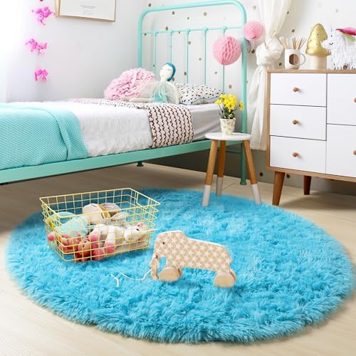 Amdrebio Blue Round Shaggy Rug 4Ft for Kids Bedroom Classroom Dorm Nursery - Image 3