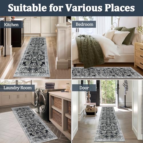 Yamaziot 2x10 Washable Hallway Runner Rug Non Slip Floral Carpet, Black - Image 5