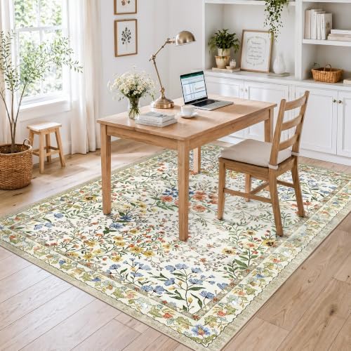 4x6 Washable Entryway Area Rug: Non Slip Floral Washable Entry Rug Living Room Area Rug for Indoor Floor Kitchen Bedroom - Soft Thin Door Mat Carpet Boho Vintage Home Decor (4'x6', Beige) - Image 3