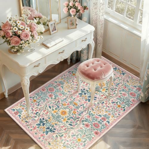 4x6 Floral Area Rug Soft Low Pile Boho Carpet for Living Room - Image 3