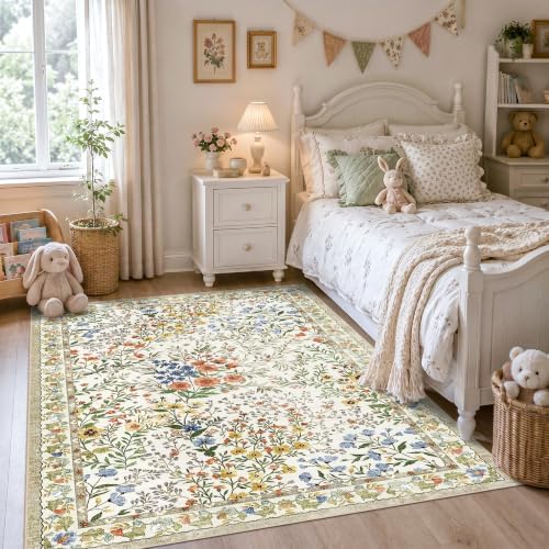 4x6 Washable Entryway Area Rug: Non Slip Floral Washable Entry Rug Living Room Area Rug for Indoor Floor Kitchen Bedroom - Soft Thin Door Mat Carpet Boho Vintage Home Decor (4'x6', Beige) - Image 4