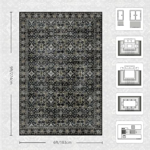 6x9 Area Rugs - Washable Vintage Retro Living Room Rug, Soft Ultra Thin Non Slip Low Pile Traditional Distressed Boho Carpet for Bedroom Dining Room Nursery Home Office, Black Gold - Image 2